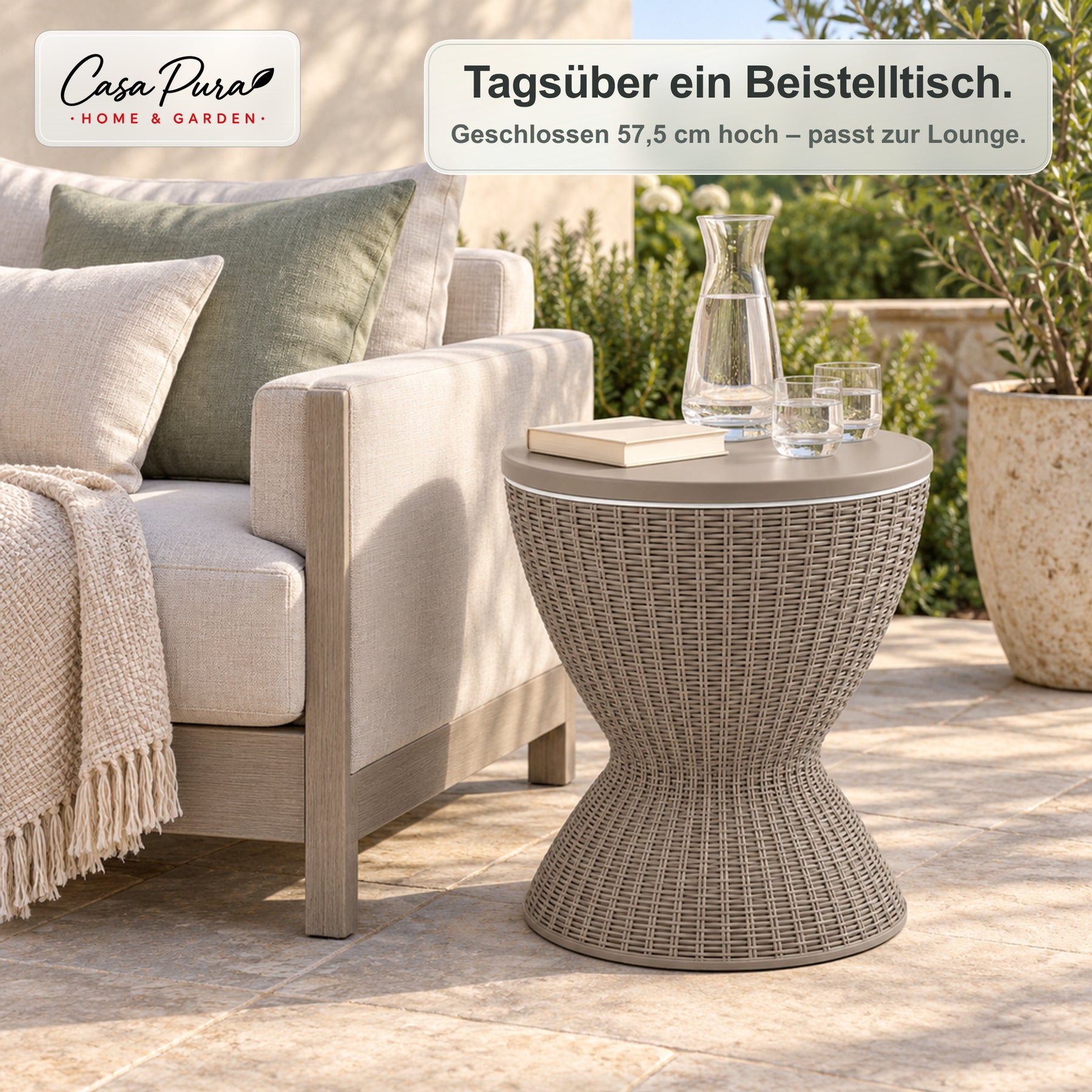 Getränkekühler Tisch | Capri | Höhenverstellbarer Gartentisch mit 30 L Kühlfach in Rattan-Optik | 2 Farben