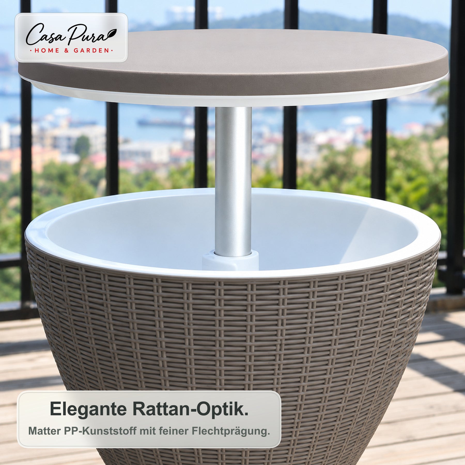 Getränkekühler Tisch | Capri | Höhenverstellbarer Gartentisch mit 30 L Kühlfach in Rattan-Optik | 2 Farben