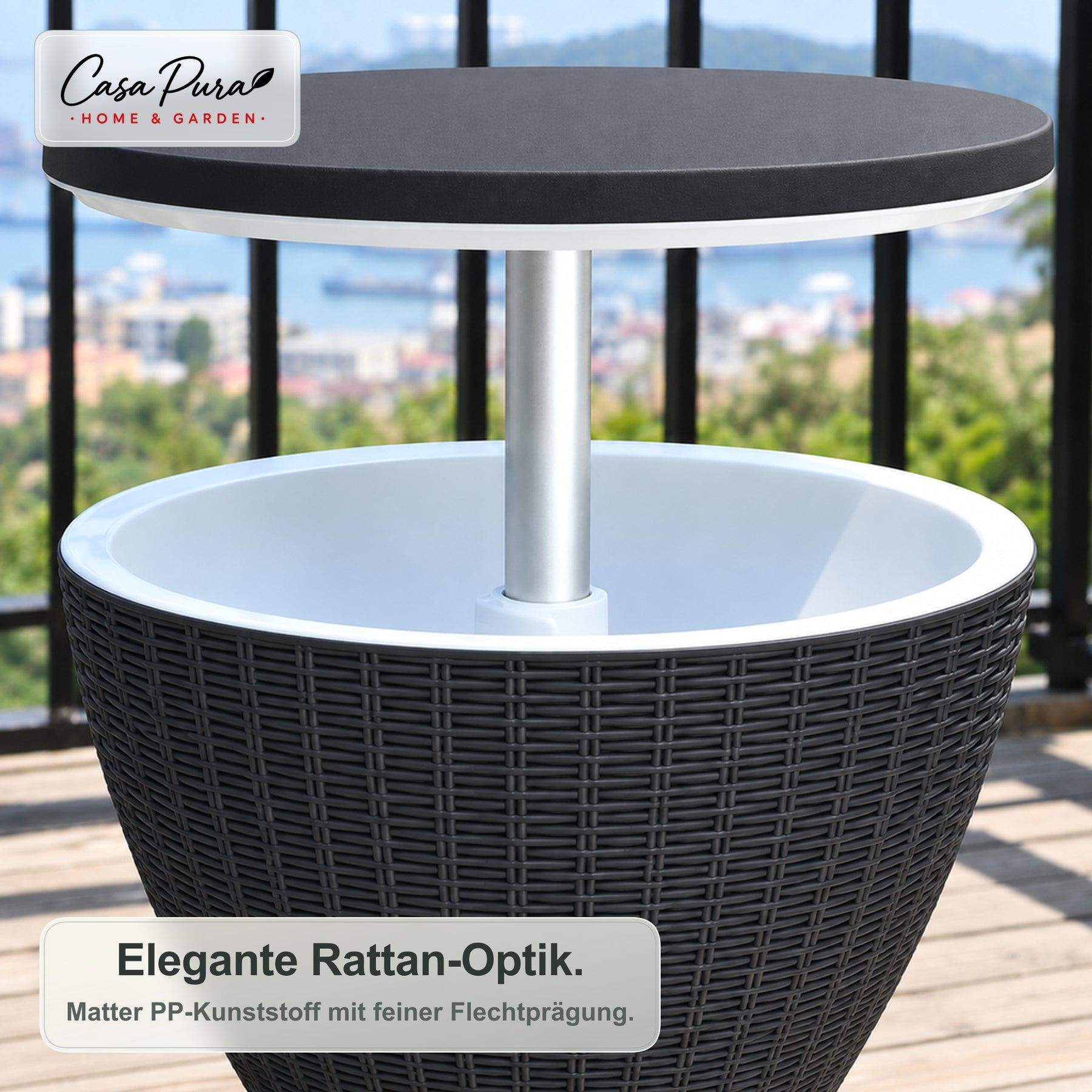 Getränkekühler Tisch | Capri | Höhenverstellbarer Gartentisch mit 30 L Kühlfach in Rattan-Optik | 2 Farben