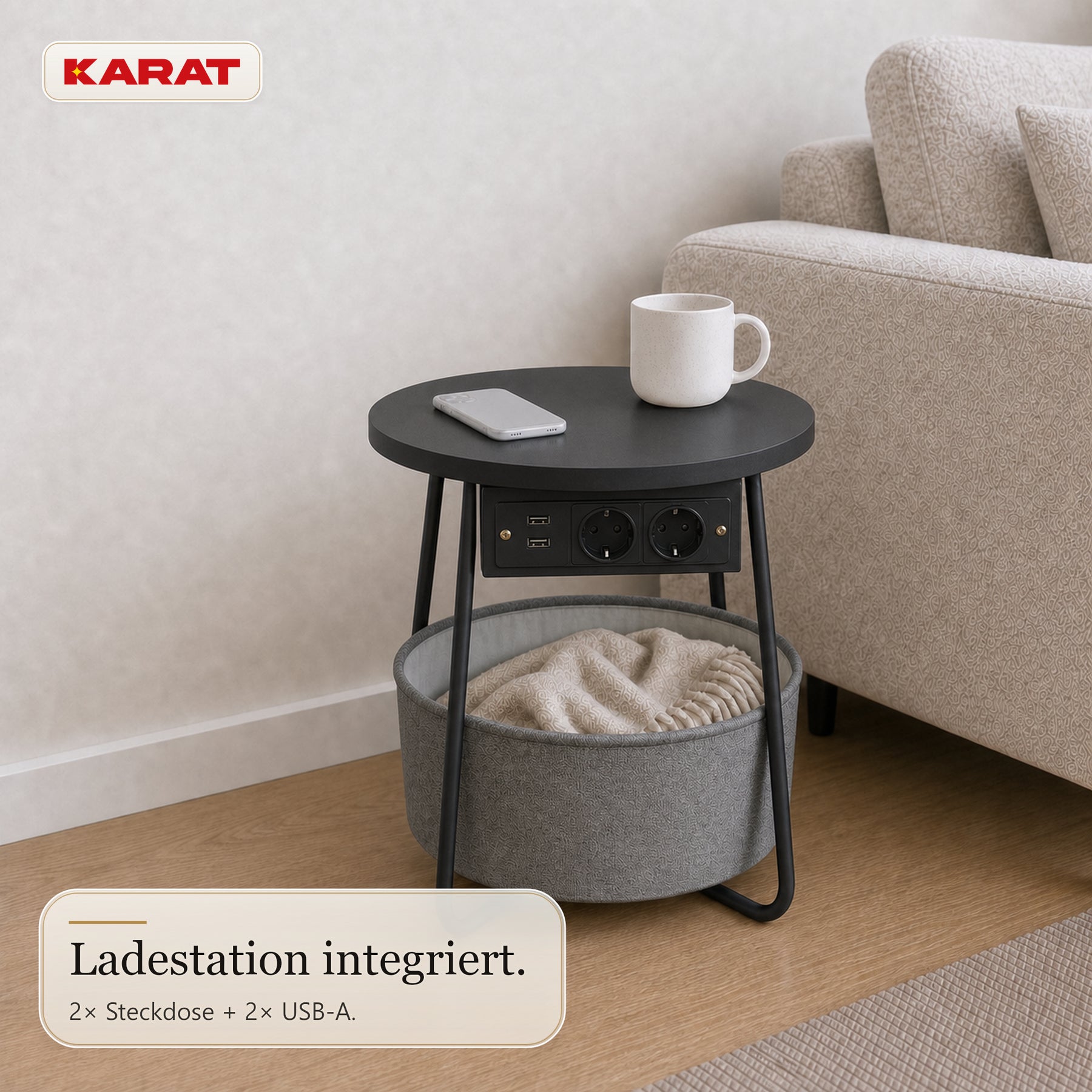 Beistelltisch | Dario | Runder Couchtisch mit 2 Steckdosen, 2 USB-A & Stauraumkorb | Ø 45 cm | 4 Farben
