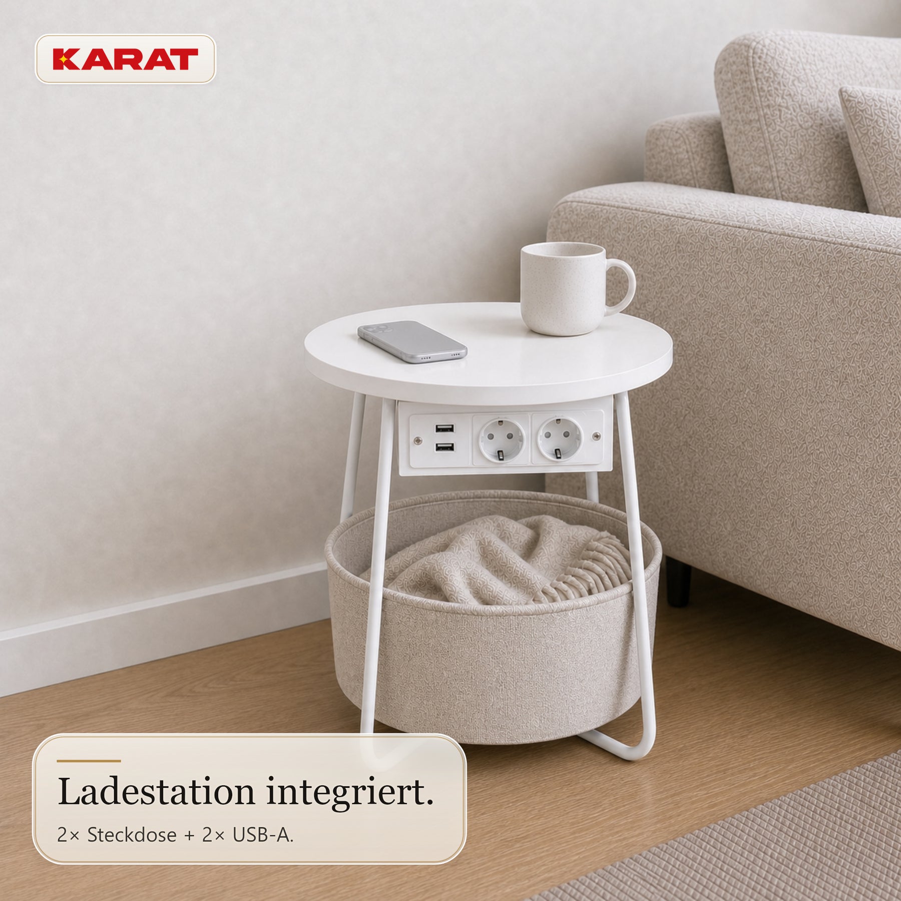 Beistelltisch | Dario | Runder Couchtisch mit 2 Steckdosen, 2 USB-A & Stauraumkorb | Ø 45 cm | 4 Farben