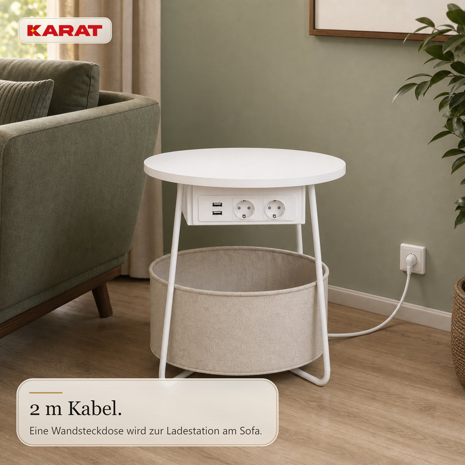 Beistelltisch | Dario | Runder Couchtisch mit 2 Steckdosen, 2 USB-A & Stauraumkorb | Ø 45 cm | 4 Farben