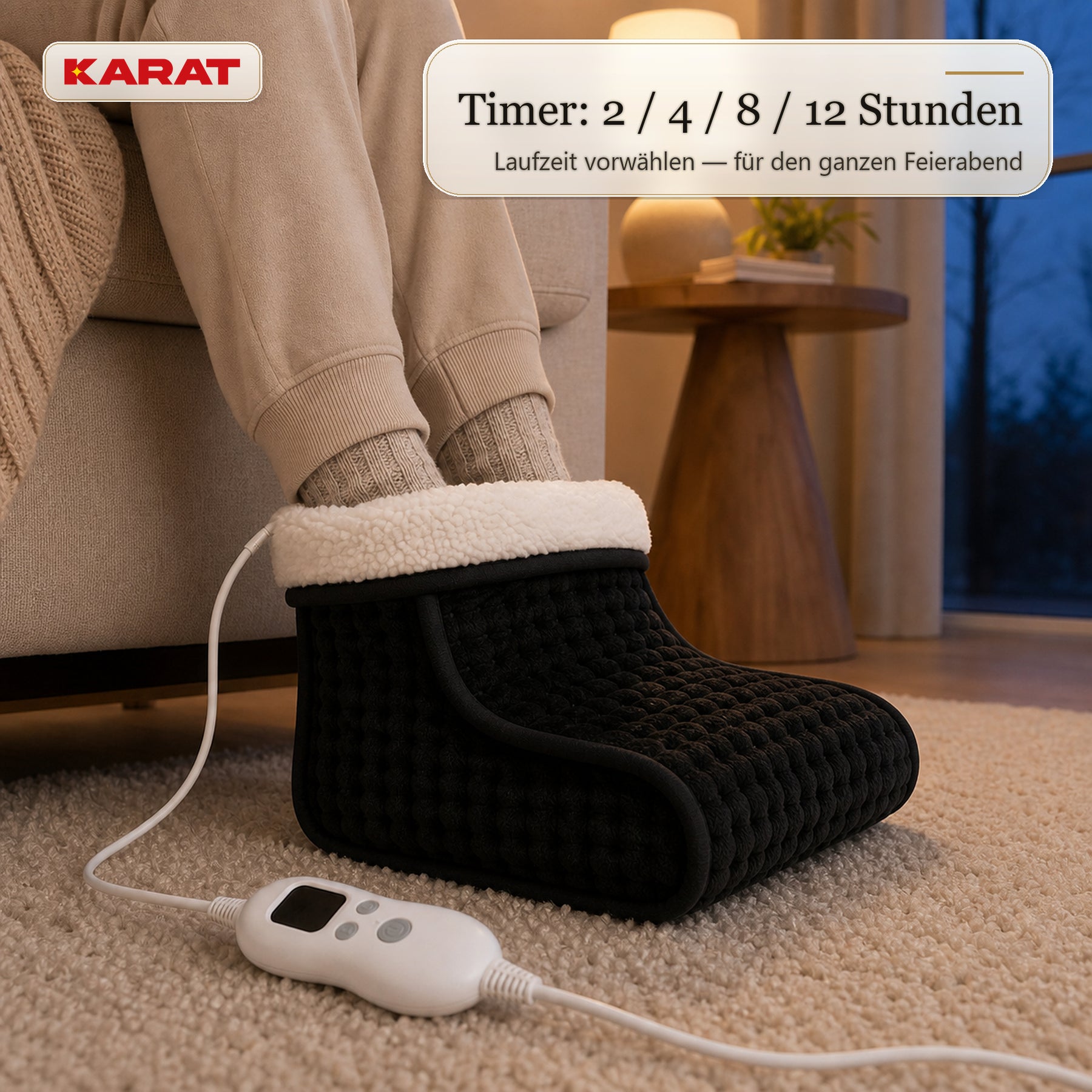 Elektrischer Fußwärmer | Fjord | 6 Heizstufen bis 55 °C, Timer & Sherpa-Futter | 4 Farben