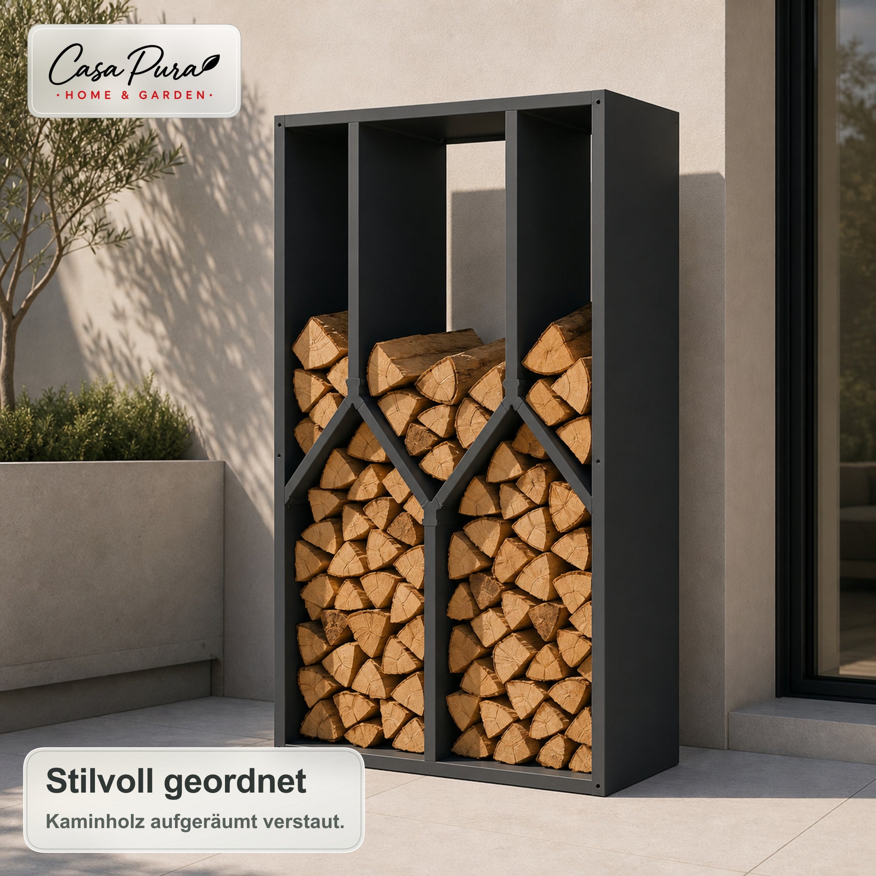Kaminholzregal | Nikos | Brennholzregal aus verzinktem Stahl | Baumdesign | 95 × 50 × 160 cm