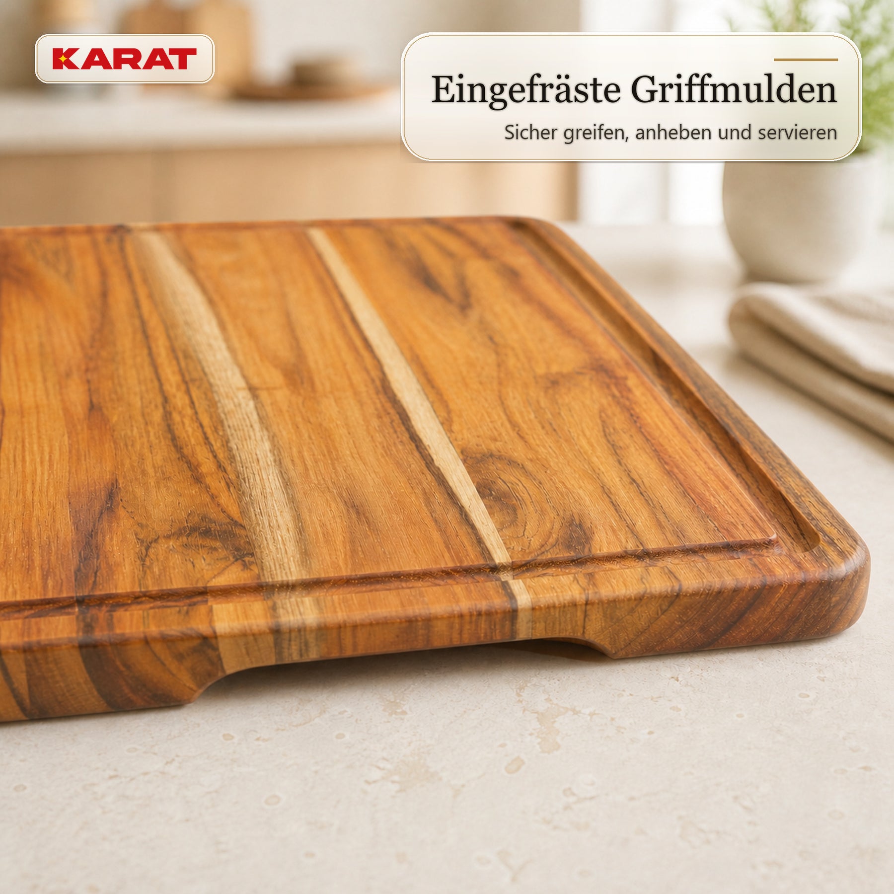 Schneidebrett | Maison Teak Edge Grain | Massives Teakholz mit Saftrille & Griffmulden | 3 Größen