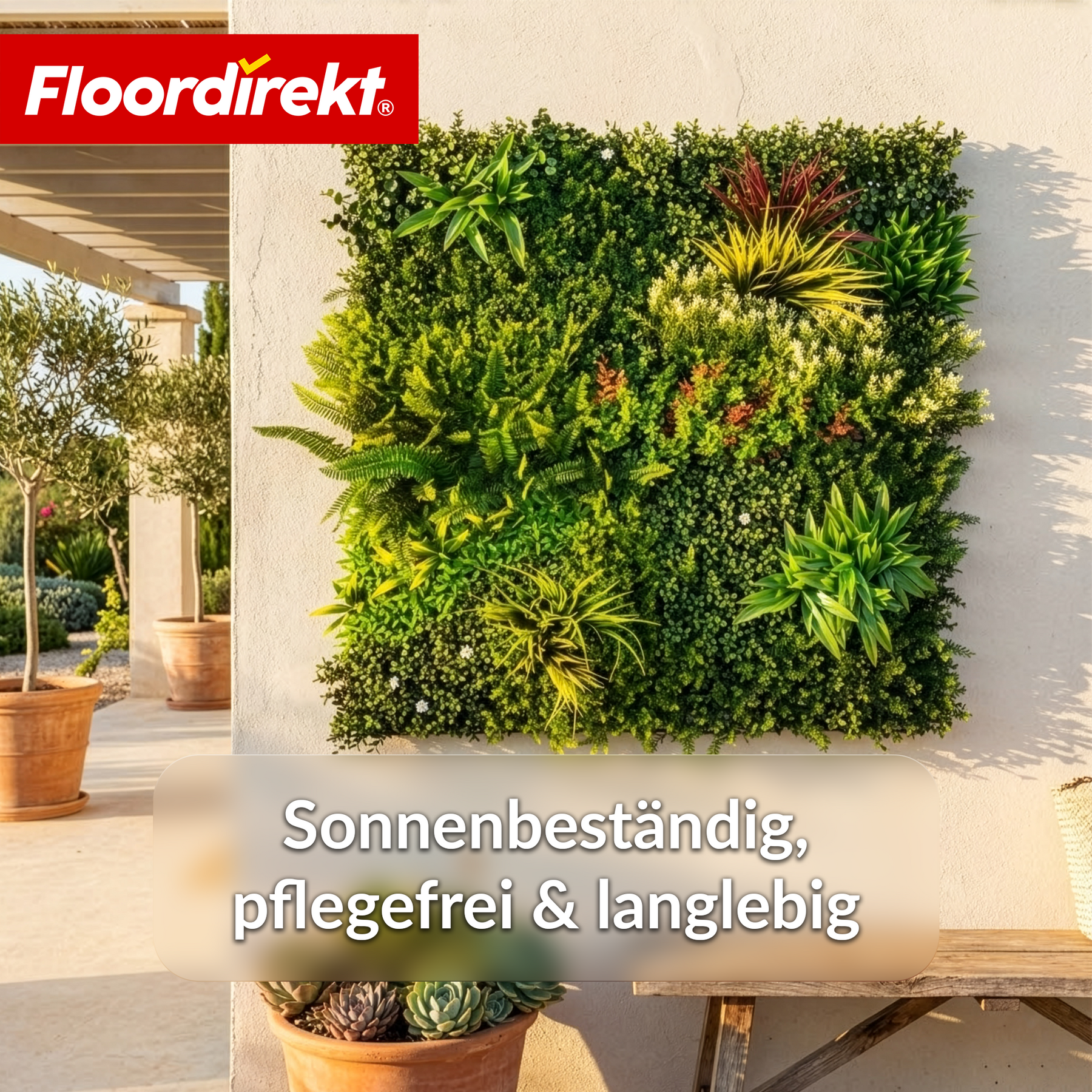Pflanzenwand | Meadow | Natürliches Kunstpflanzen-Panel, sonnenbeständig & pflegefrei | Erweiterbares Klick-System | 100 × 100 cm