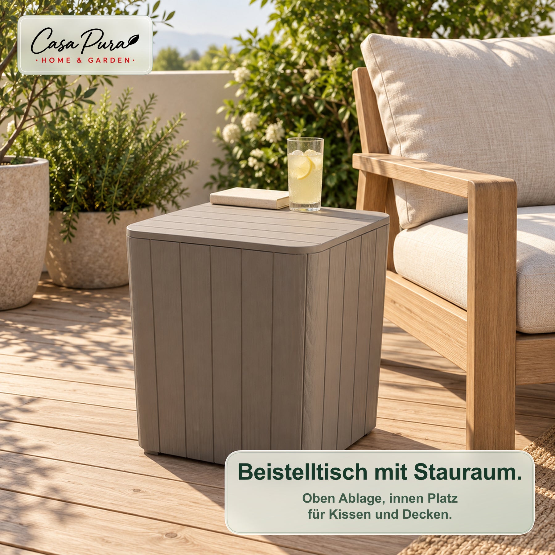 Gartenbox | Porto | Wetterfeste Aufbewahrungsbox 43 L aus Kunststoff in Holzoptik | Als Beistelltisch nutzbar | 2 Farben