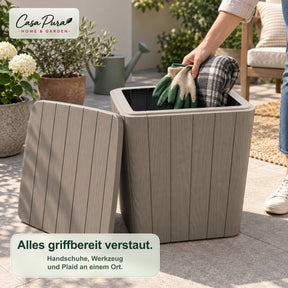 Gartenbox | Porto | Wetterfeste Aufbewahrungsbox 43 L aus Kunststoff in Holzoptik | Als Beistelltisch nutzbar | 2 Farben