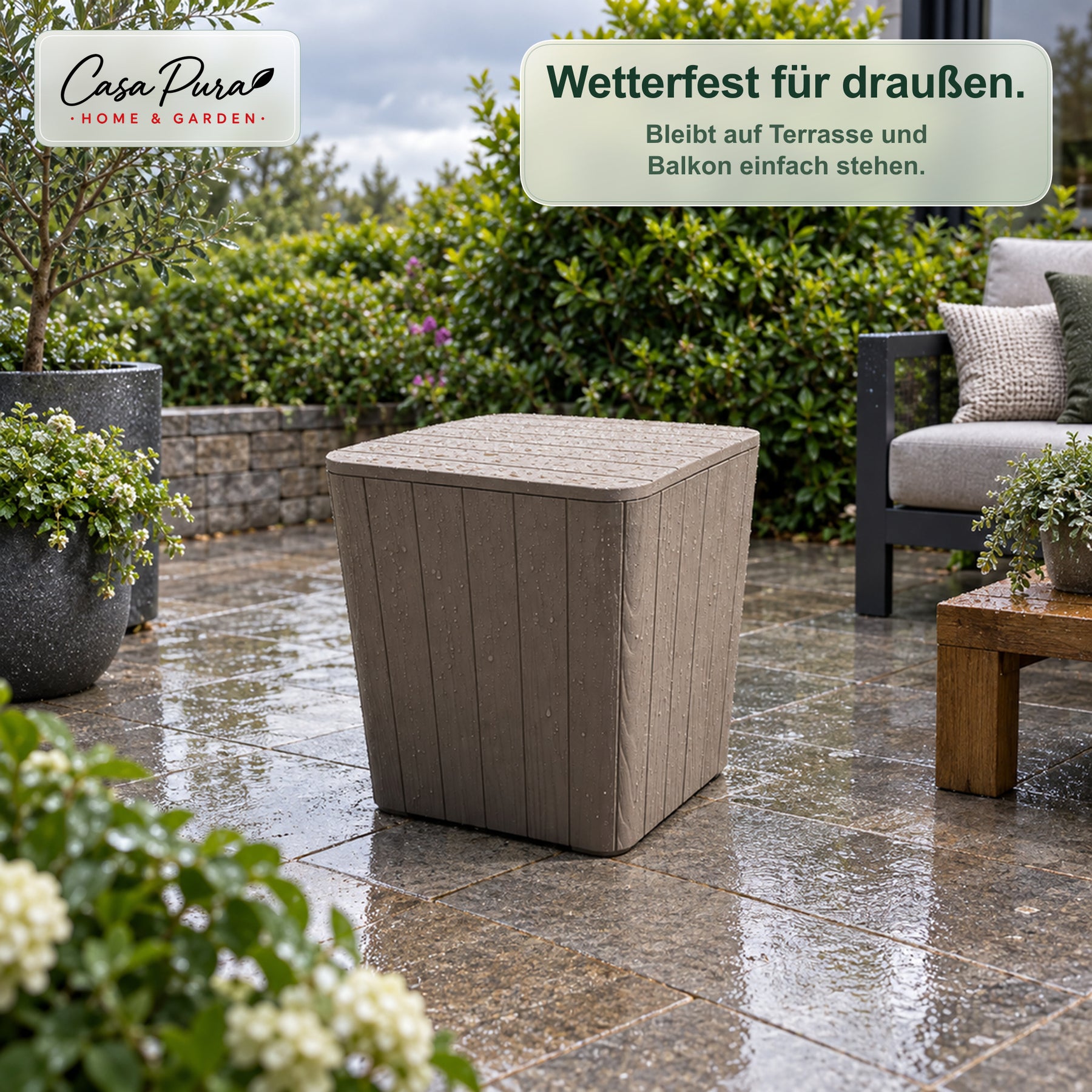 Gartenbox | Porto | Wetterfeste Aufbewahrungsbox 43 L aus Kunststoff in Holzoptik | Als Beistelltisch nutzbar | 2 Farben