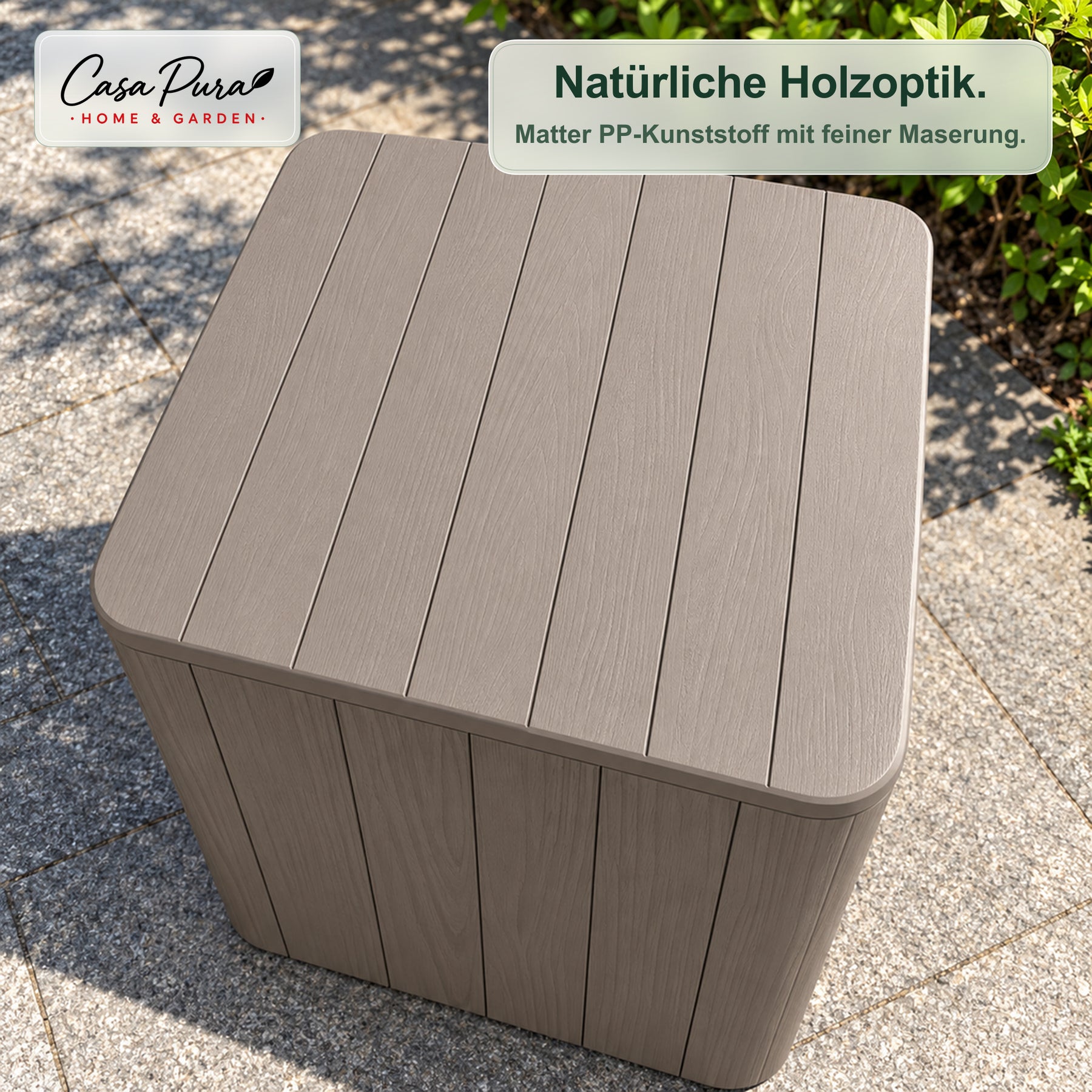 Gartenbox | Porto | Wetterfeste Aufbewahrungsbox 43 L aus Kunststoff in Holzoptik | Als Beistelltisch nutzbar | 2 Farben