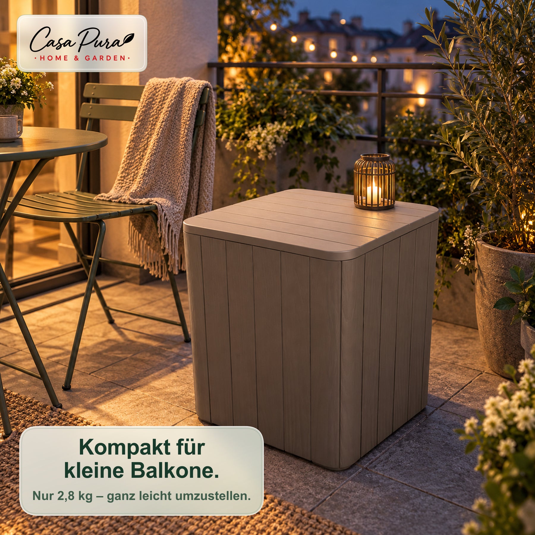 Gartenbox | Porto | Wetterfeste Aufbewahrungsbox 43 L aus Kunststoff in Holzoptik | Als Beistelltisch nutzbar | 2 Farben