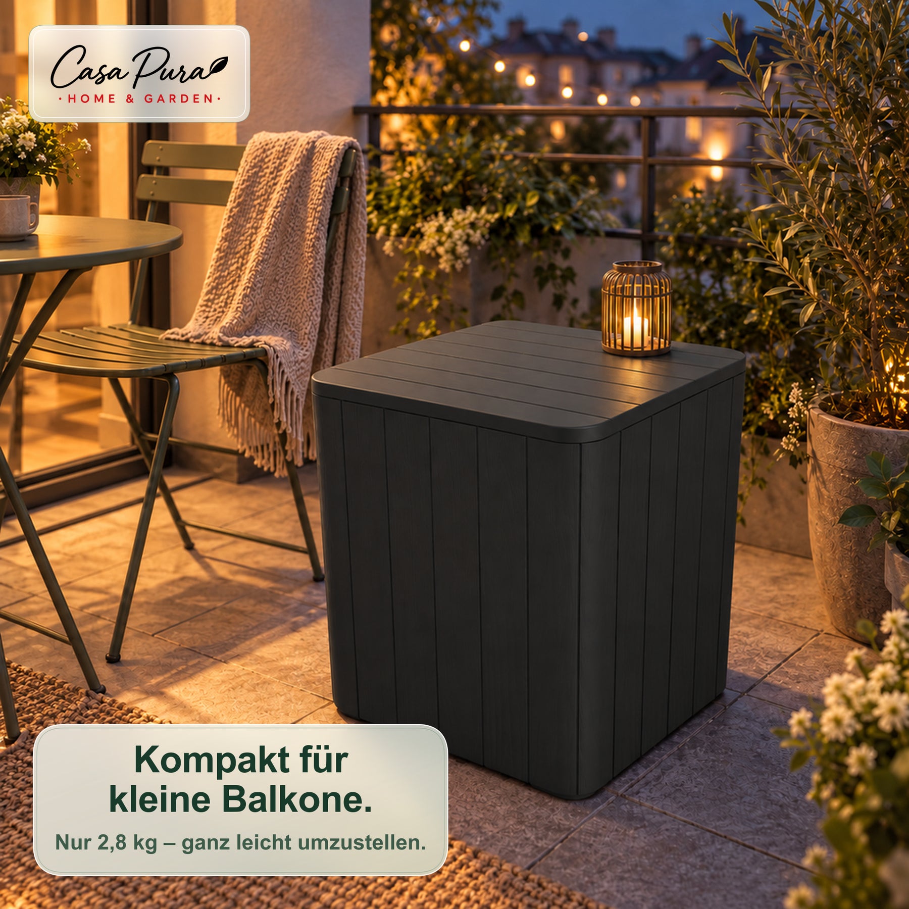 Gartenbox | Porto | Wetterfeste Aufbewahrungsbox 43 L aus Kunststoff in Holzoptik | Als Beistelltisch nutzbar | 2 Farben