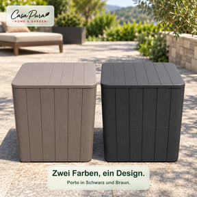 Gartenbox | Porto | Wetterfeste Aufbewahrungsbox 43 L aus Kunststoff in Holzoptik | Als Beistelltisch nutzbar | 2 Farben