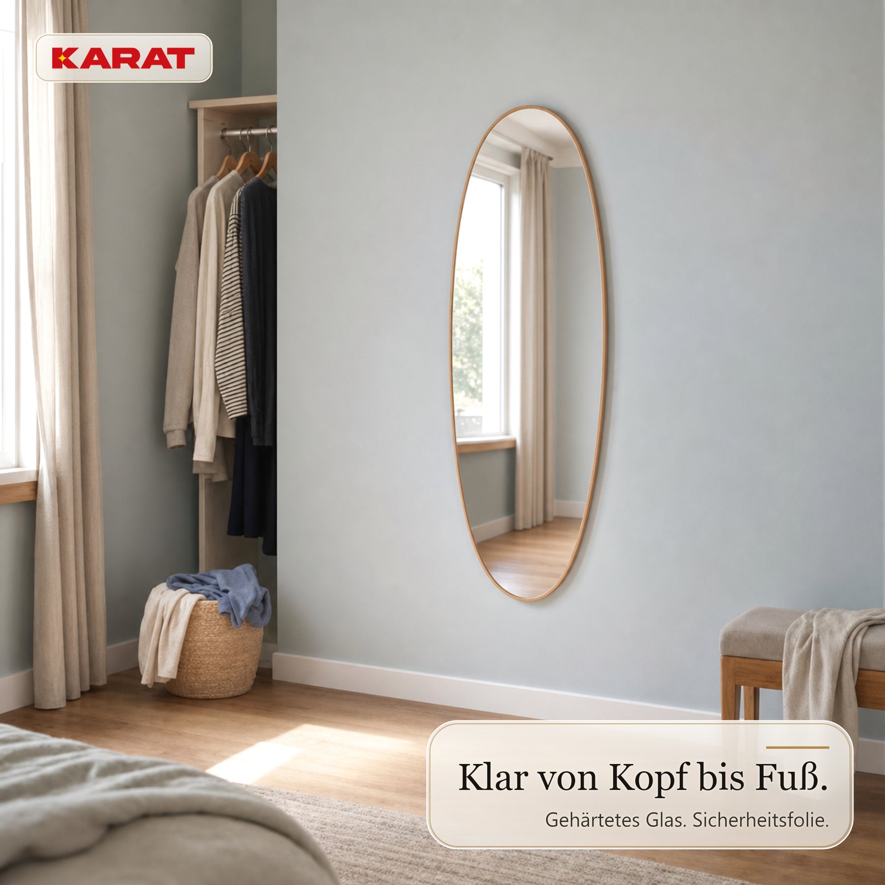 Ganzkörperspiegel | Nina | Organischer Wandspiegel mit Aluminiumrahmen in Holzoptik | 60 × 150 cm