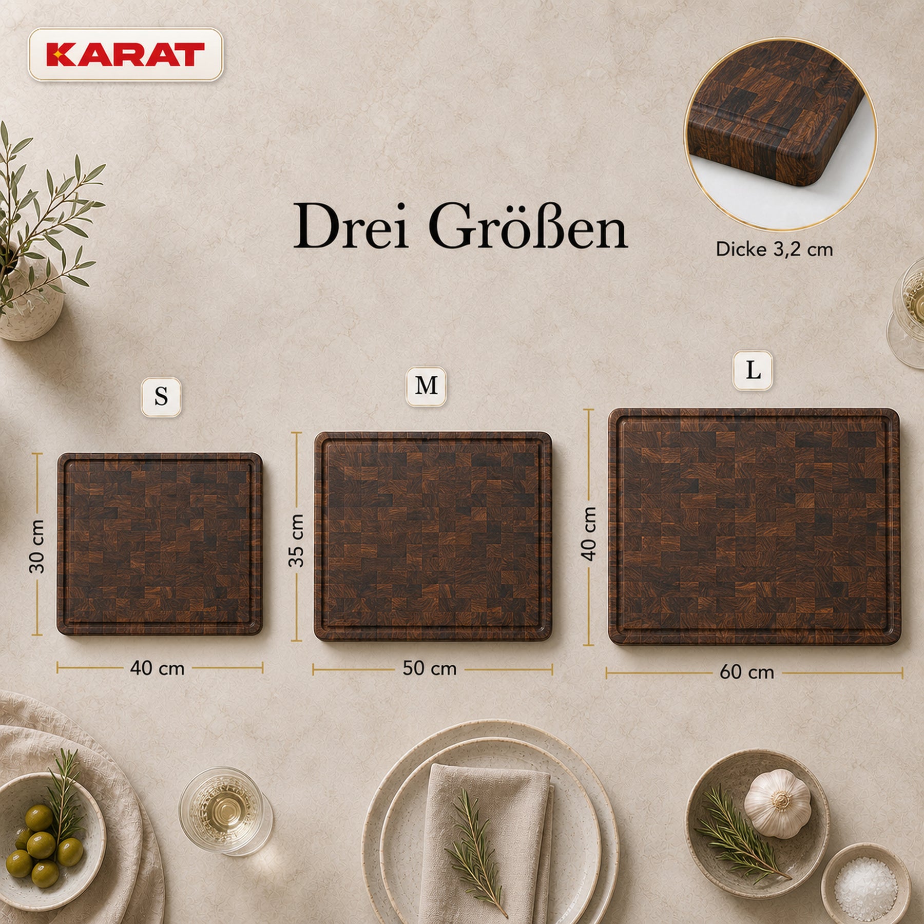 Schneidebrett | Teak Royal Endgrain | Massives Teakholz mit Saftrille & Griffmulden | 3 Größen