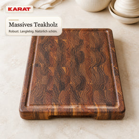 Schneidebrett | Teak Royal Endgrain | Massives Teakholz mit Saftrille & Griffmulden | 3 Größen
