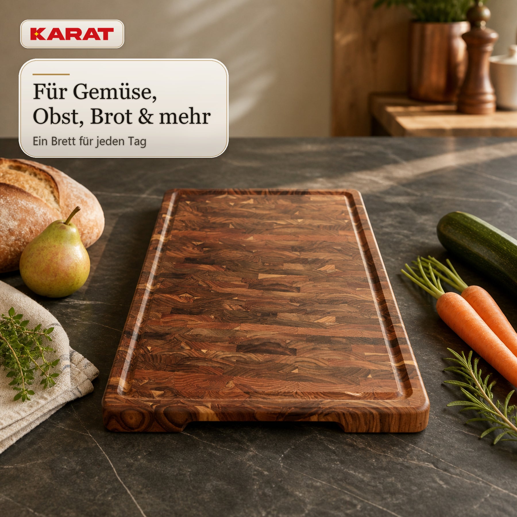 Schneidebrett | Teak Royal Endgrain | Massives Teakholz mit Saftrille & Griffmulden | 3 Größen
