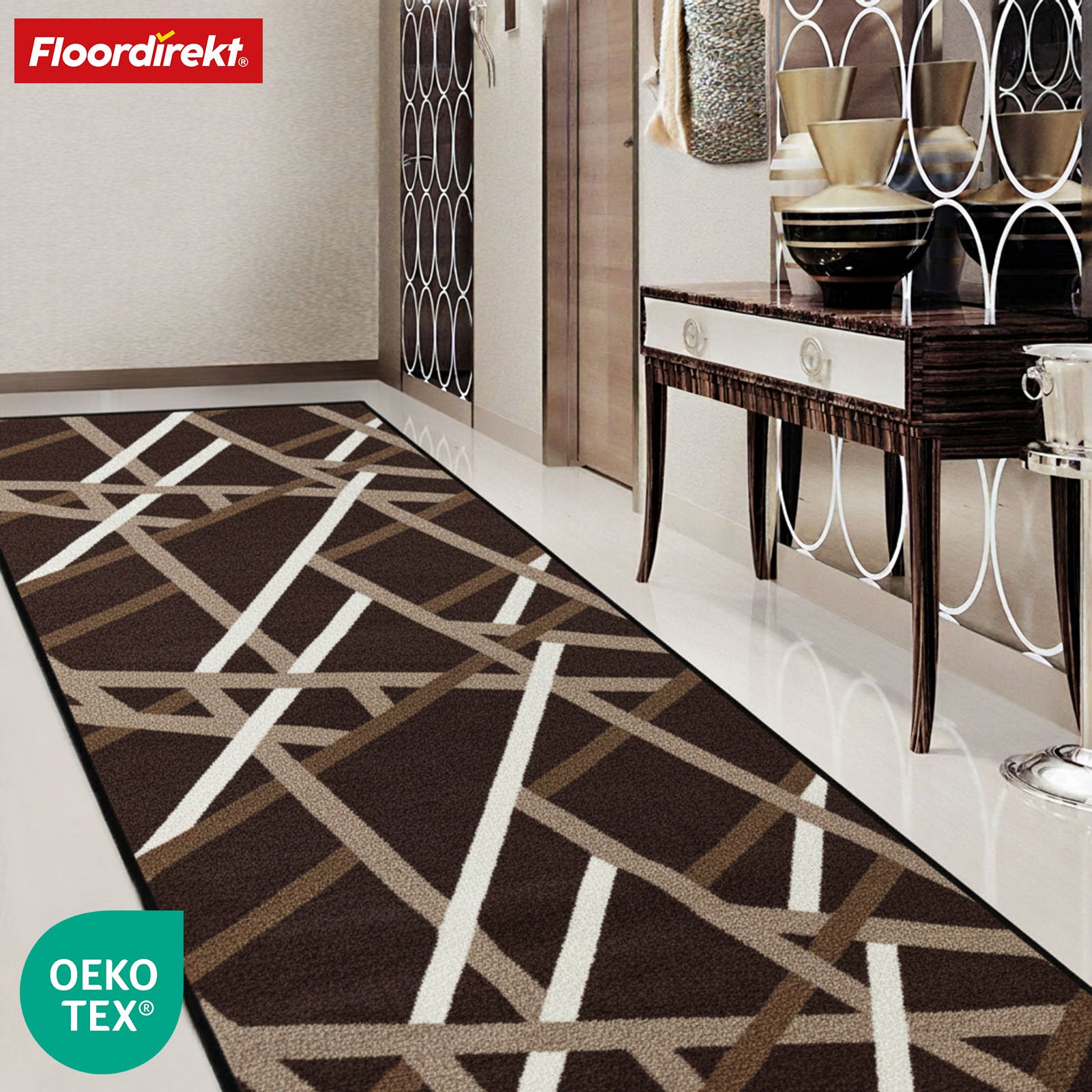 Teppichläufer | Printed | In Anthrazit & Braun | Moderner Läufer mit Streifen-Design & rutschhemmender Gel-Rückseite | Strapazierfähig & pflegeleicht