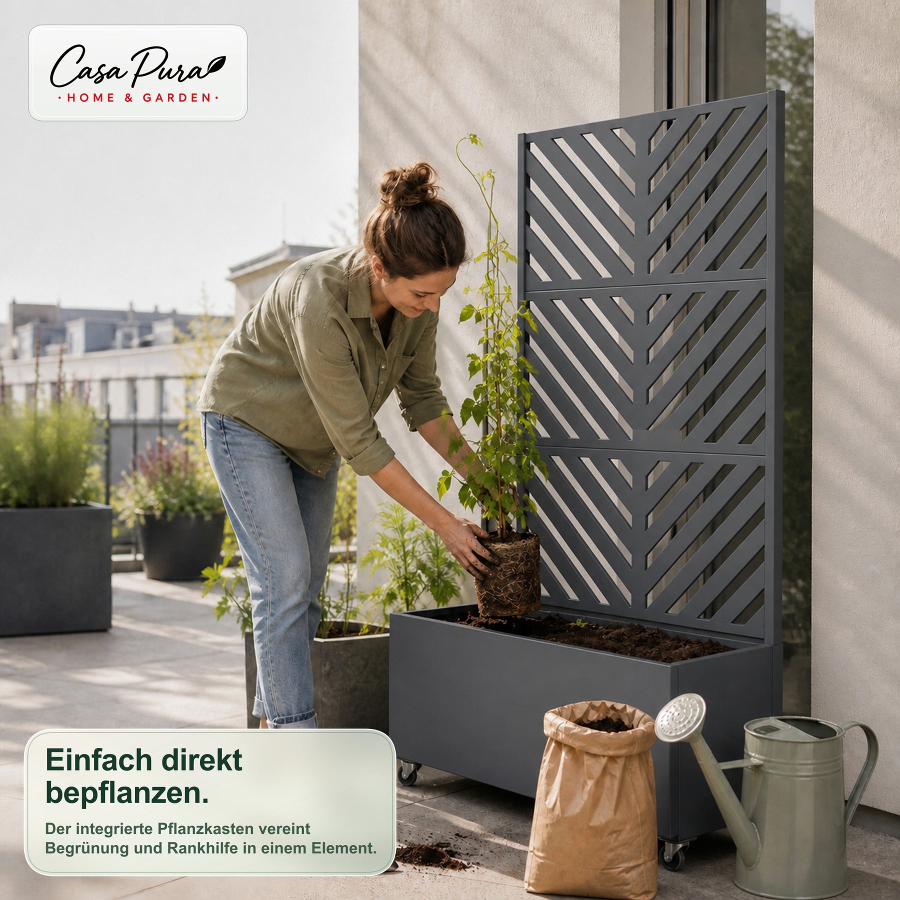 Pflanzkasten mit Rankgitter | Nora | Mobiler Sichtschutz aus verzinktem Stahl | 107,5 × 40,6 × 185 cm