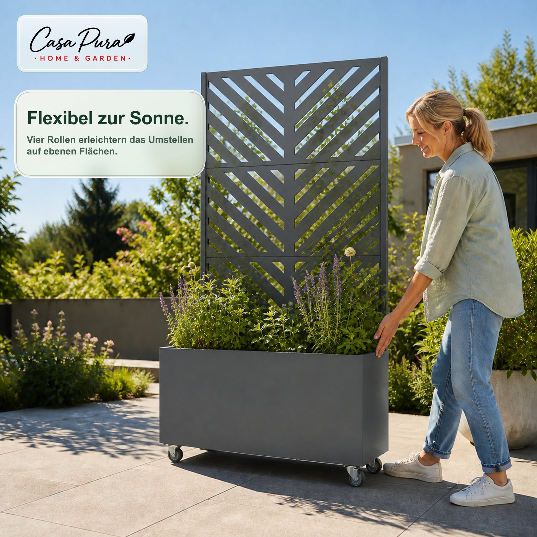 Pflanzkasten mit Rankgitter | Nora | Mobiler Sichtschutz aus verzinktem Stahl | 107,5 × 40,6 × 185 cm