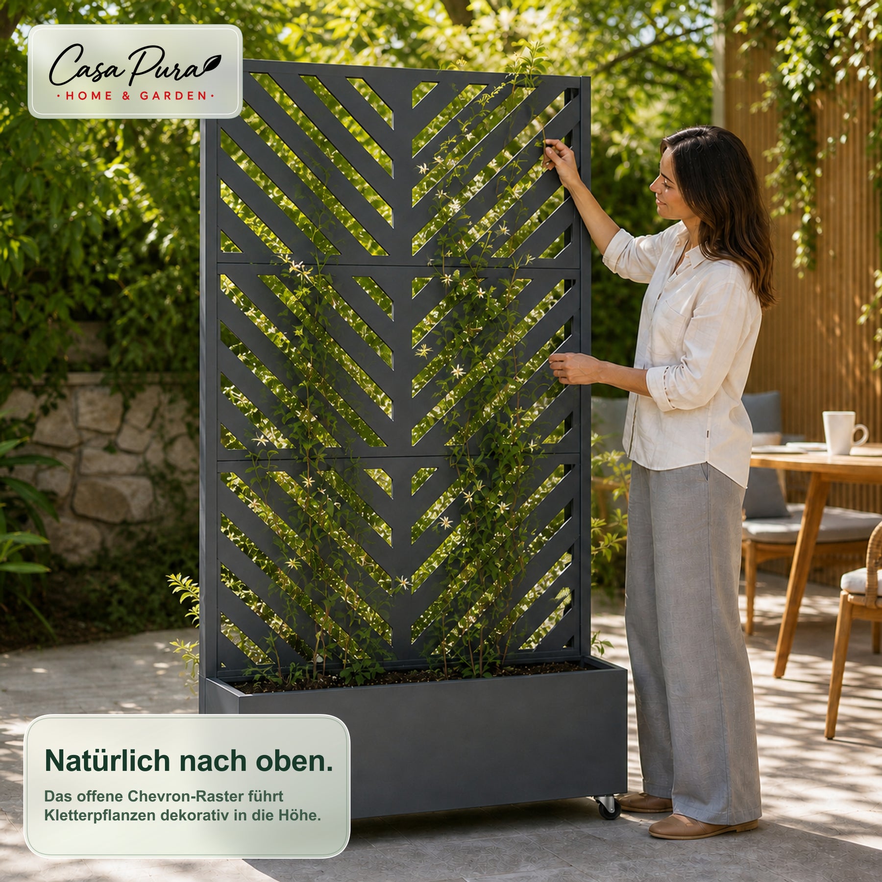 Pflanzkasten mit Rankgitter | Nora | Mobiler Sichtschutz aus verzinktem Stahl | 107,5 × 40,6 × 185 cm